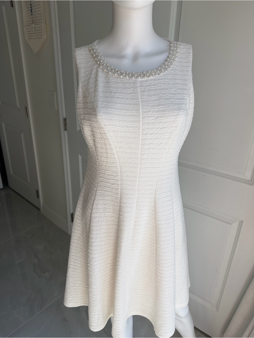 Studio One Pearl and rhinestone Trim Textured White Sleeveless Dress